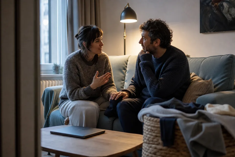 Married couple talking calmly on a sofa late in the evening