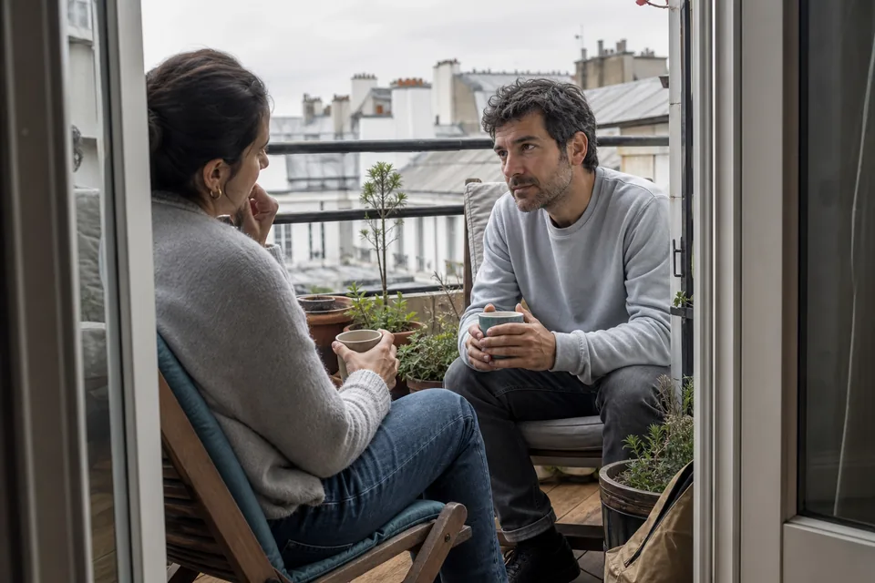 Married couple with coffee on a balcony in a serious conversation