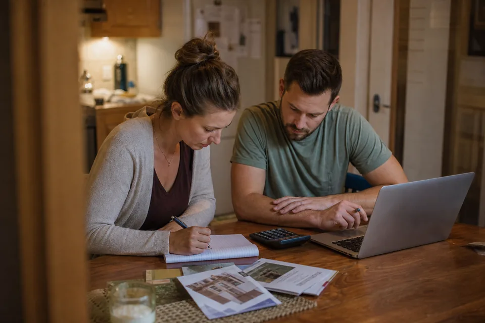 Engaged couple at a kitchen table adding up marriage preparation fees on a notepad beside a laptop