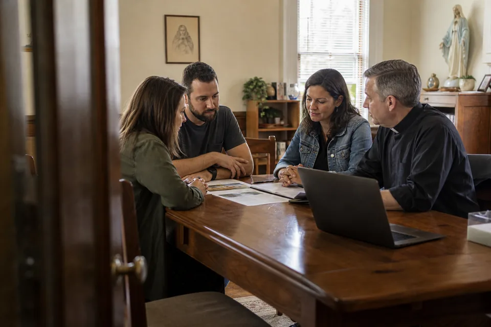 Married couple in their forties and a deacon talking with an engaged couple around a wooden table in a small parish meeting room