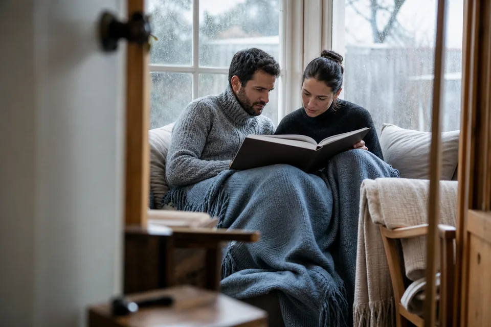 Husband and wife reading one large book together on a window seat