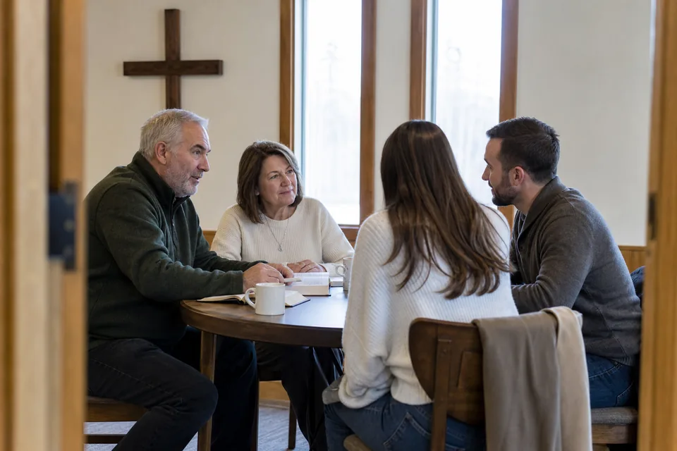 Mentor couple meeting with an engaged couple at a parish hall table with workbooks open