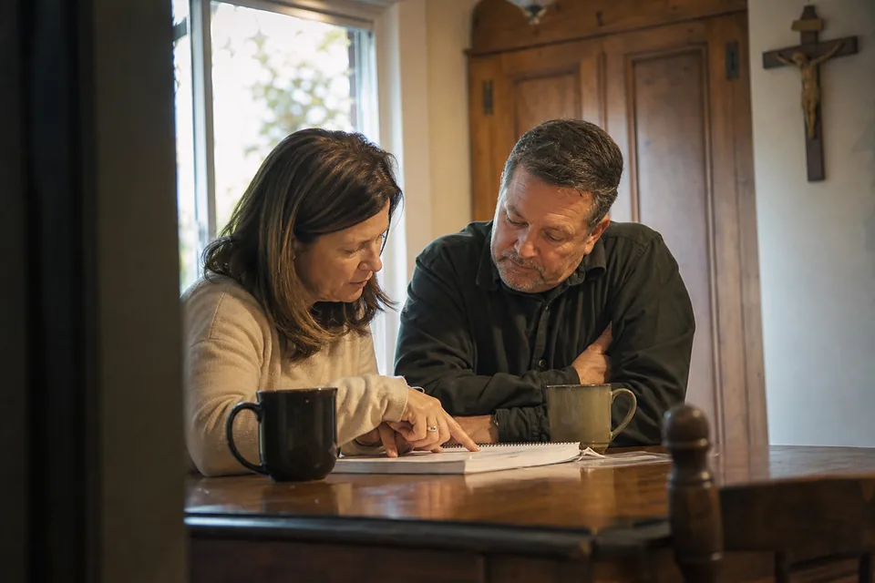 Couple in their forties sitting at a kitchen table with a workbook, talking through a marriage preparation exercise