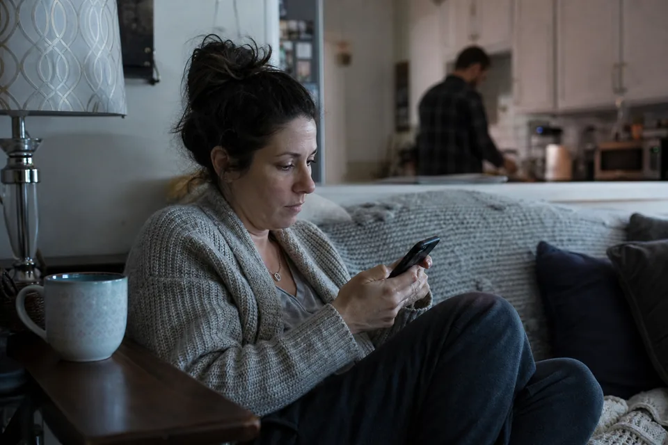 Wife typing an anonymous question on her phone on the sofa in the evening while her husband cooks in the background