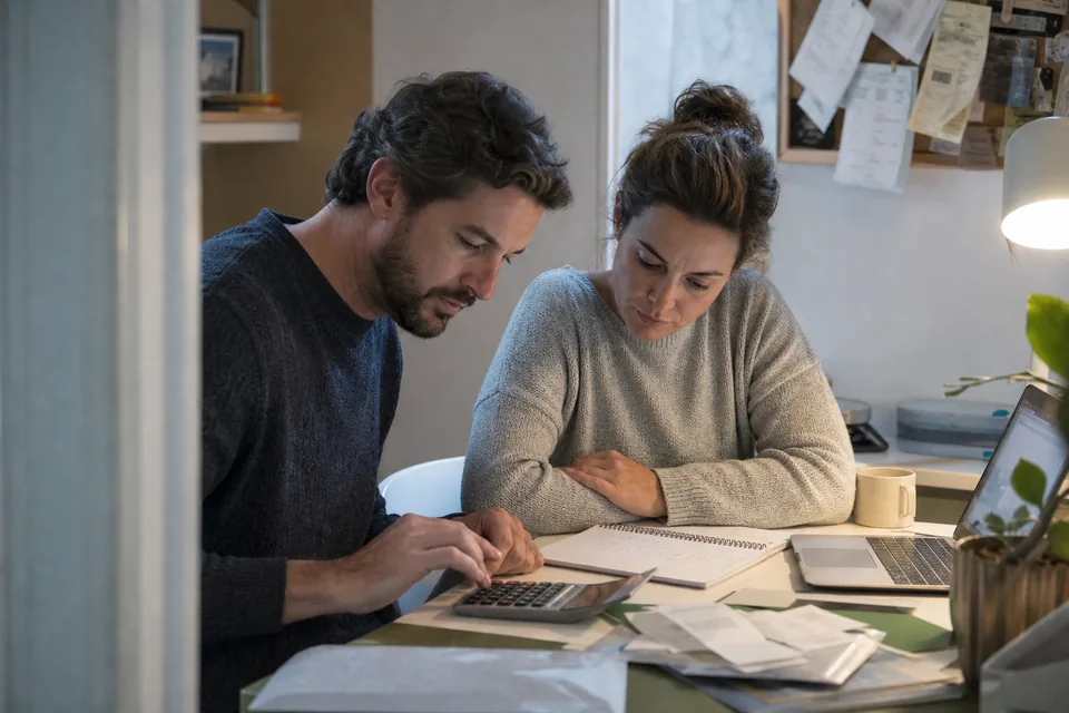 Couple at a desk reviewing the household budget with bills and a calculator